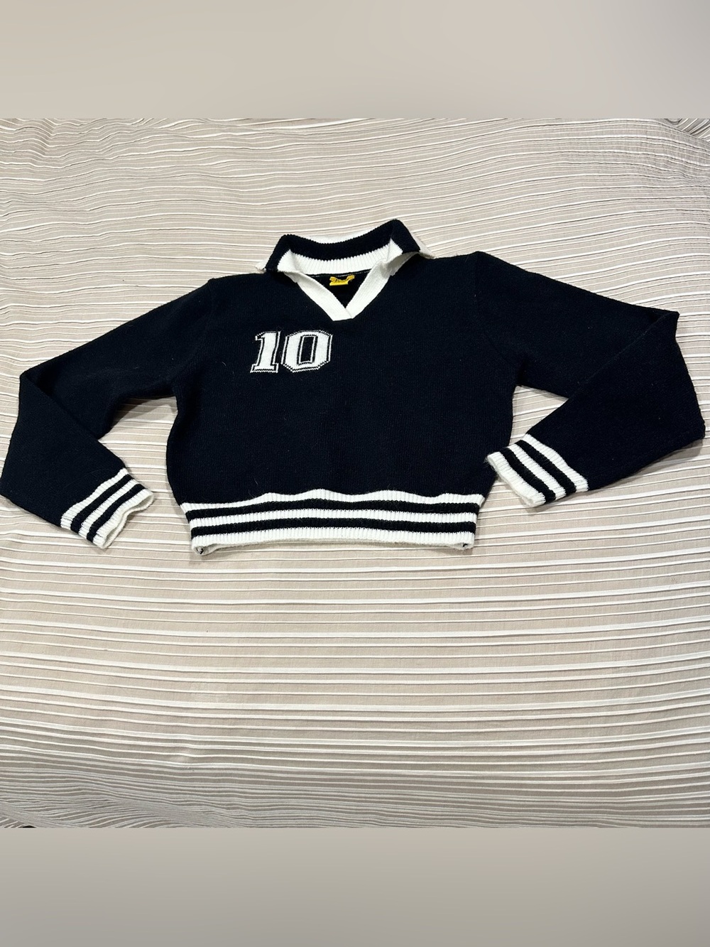 Small Daisy black & white striped Vneck cropped sweater varsity number 10